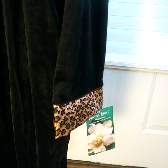 Cinema Etoile Black Velvet Robe Leopard Print Collar Cuffs Zip Tassel Size S - Picture 7 of 9